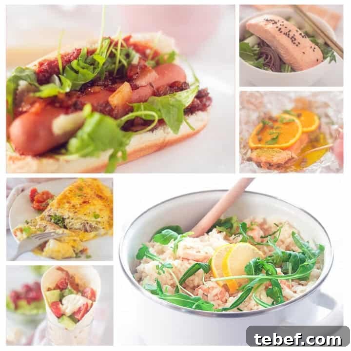 A square photo with a collage of 6 photos of recipes that can be on the table within 30 minutes