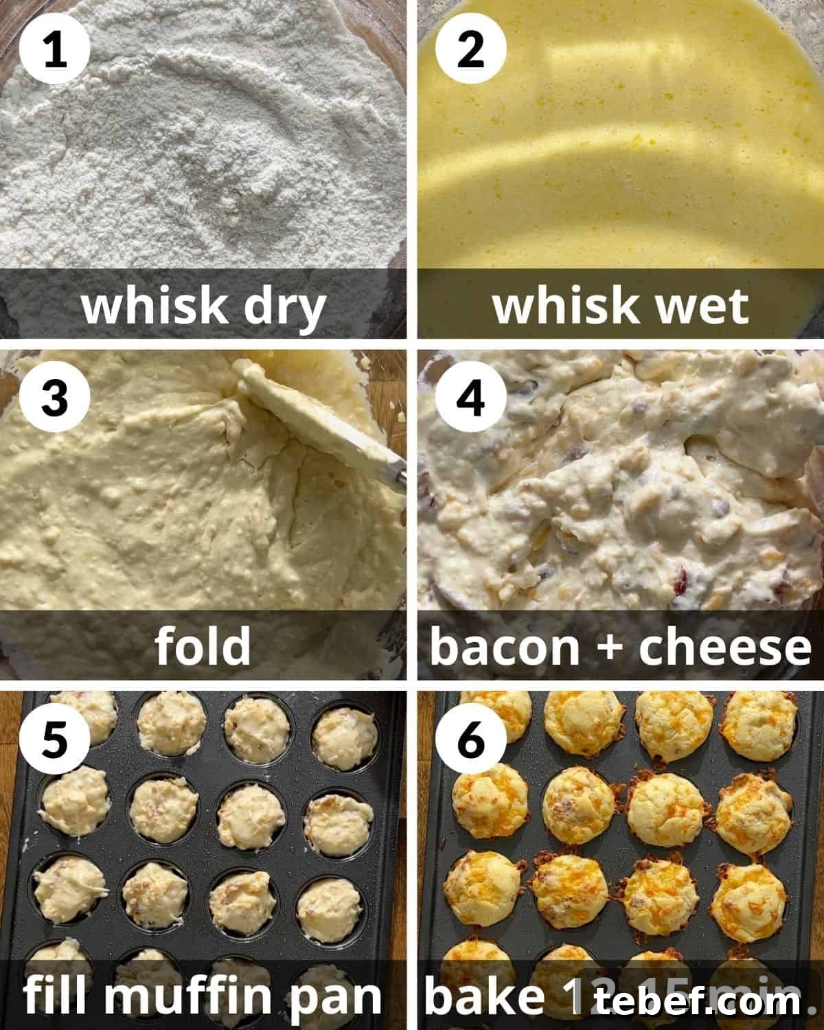 Savory Bacon and Cheddar Muffins for Breakfast or Brunch 4 A 6 photo collage showing the assembly of bacon and cheddar cheese muffins.