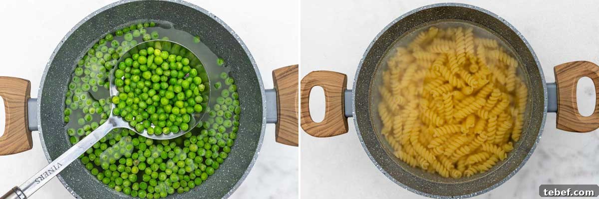 Creamy Green Pea Pasta with Frozen Peas — No Cream Needed 4 Collage of two images showing overhead of a slotted spoon scooping frozen peas out of boiling water in a saucepan, and then the same saucepan with fusilli pasta cooking in it.