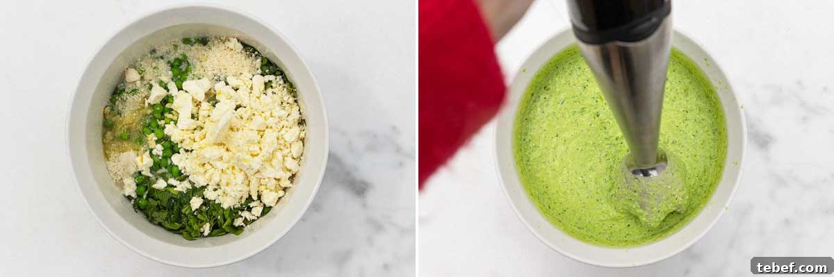 Creamy Green Pea Pasta with Frozen Peas — No Cream Needed 5 Collage of two images showing all the ingredients for a pea pasta sauce in a white bowl on a marble background, and then with someone's arm pureeing it all with a handheld blender.