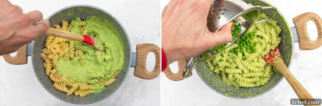 Creamy Green Pea Pasta with Frozen Peas — No Cream Needed 6 Collage of two images showing a hand stirring frozen pureed pea sauce into cooked fusilli pasta, and then adding in some whole peas from a metal colander.