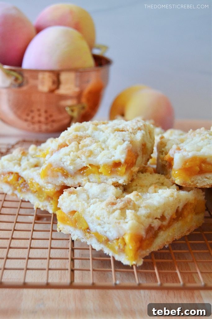 Peach Crumble Bars Recipe — Sweet Summer Dessert Bars 3 an arrangement of peach crumble bars on a rose gold wire rack