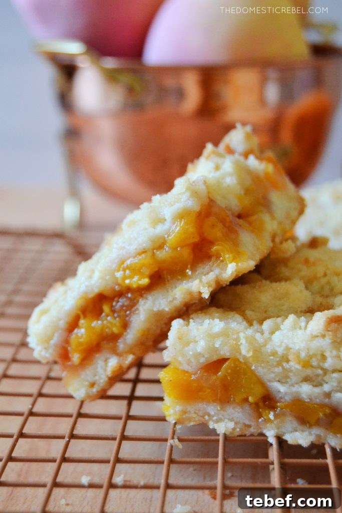 Peach Crumble Bars Recipe — Sweet Summer Dessert Bars 5 a peach crumble bar resting on another bar