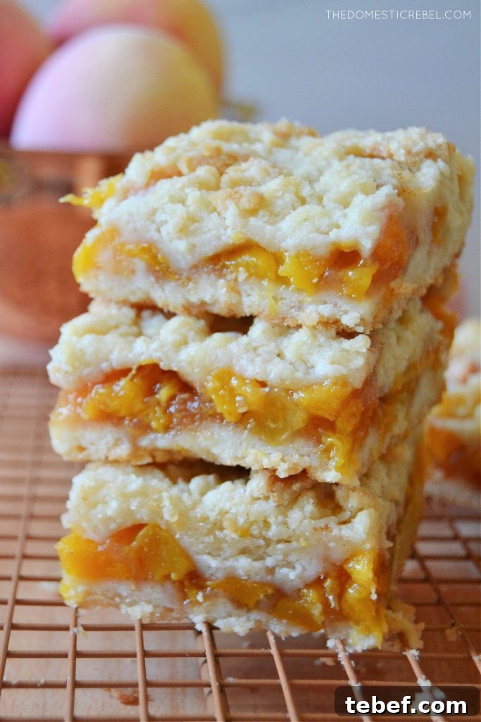 Peach Crumble Bars Recipe — Sweet Summer Dessert Bars 6 a closeup trio stack of peach crumble bars