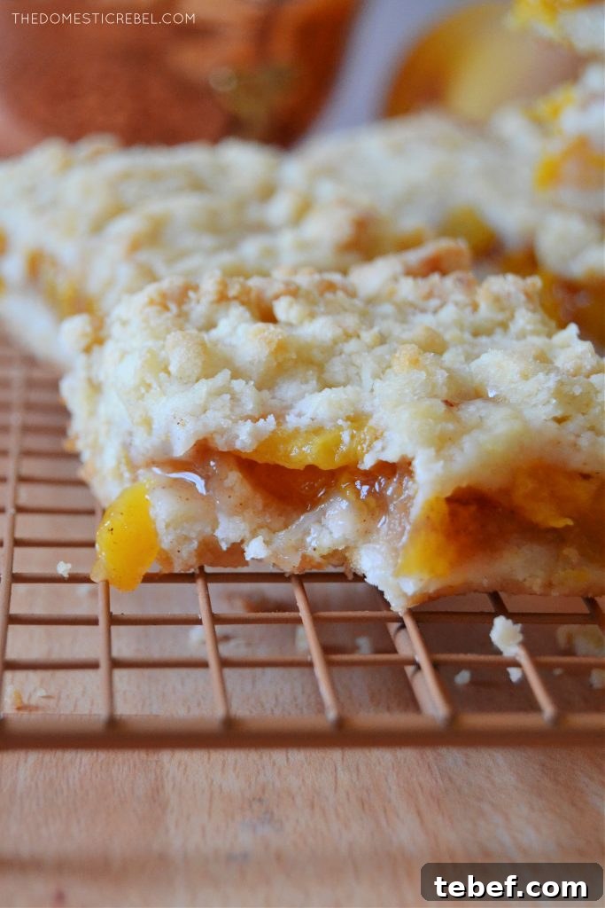 Peach Crumble Bars Recipe — Sweet Summer Dessert Bars 8 closeup of a peach crumble bar with a bite missing