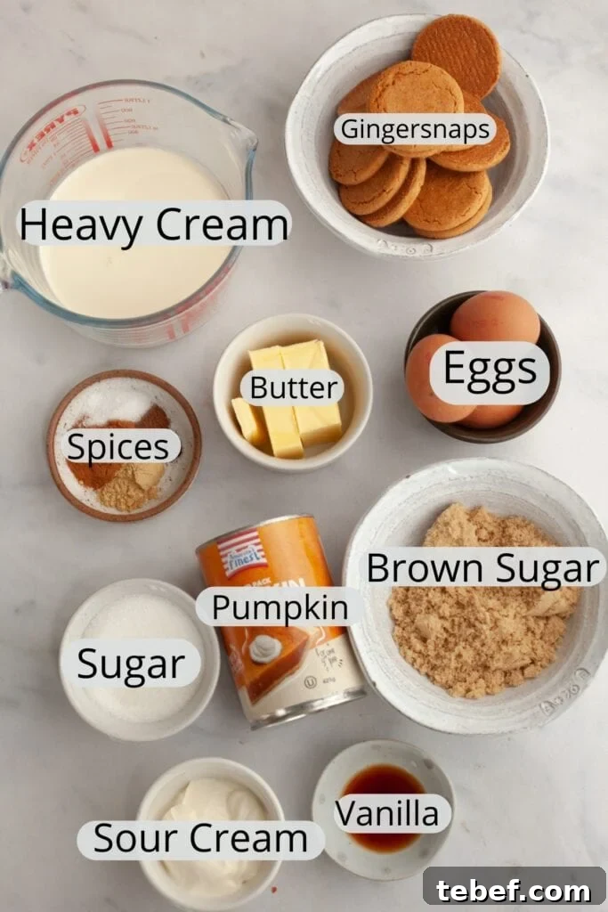All the ingredients needed to make browned butter pumpkin pie, weighed out into small bowls.