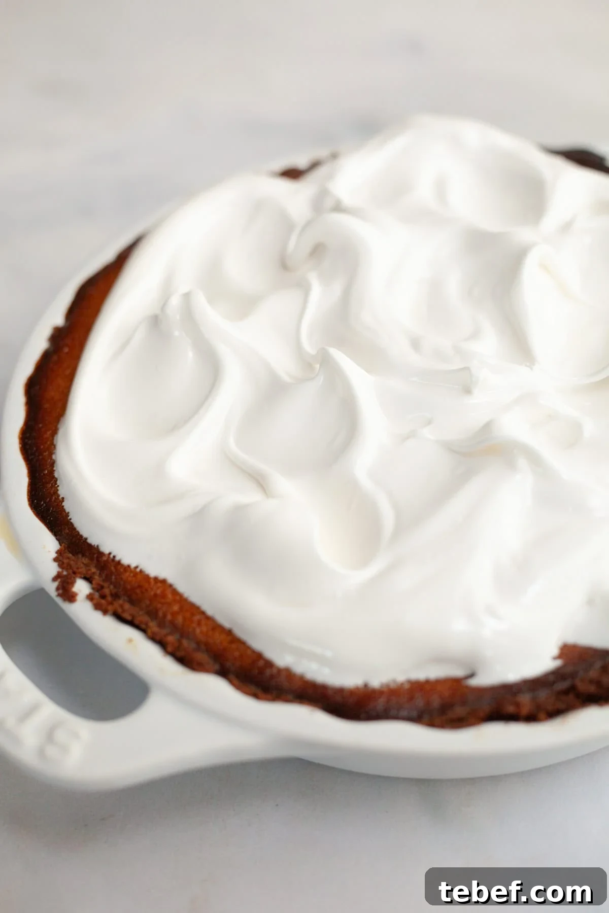 A pumpkin pie covered in marshmallow meringue.