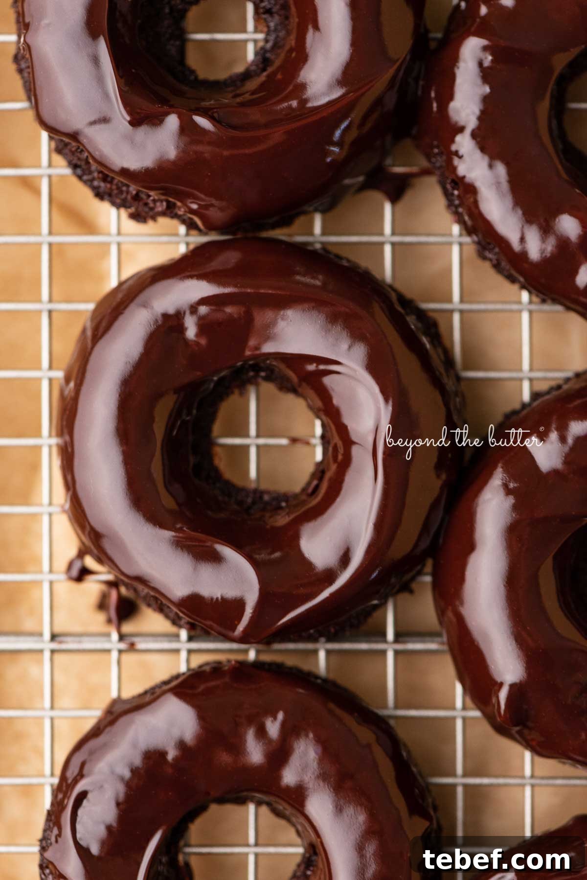 Homemade Baked Chocolate Donuts Recipe for Moist, Rich Donuts 2 Homemade baked chocolate donuts topped with chocolate ganache glaze on a wire cooling rack | © Beyond the Butter®