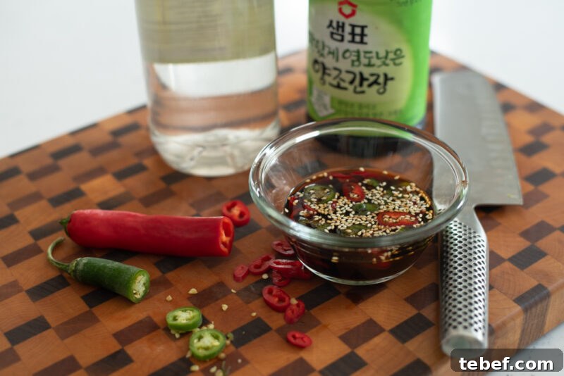Crispy Korean Potato Pancakes (Gamja-Jeon) — Authentic Recipe 4 Chopped green and red chili added to soy dipping sauce for Korean potato pancakes