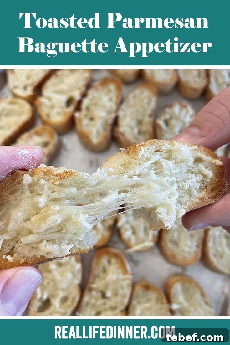 Crispy Parmesan Toasted Baguette Appetizer Recipe 8 Pinterest picture of Toasted Parmesan Baguette Appetizer with the text of the title at the top.
