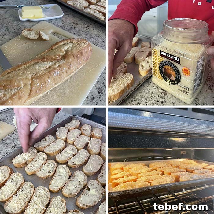 Crispy Parmesan Toasted Baguette Appetizer Recipe 4 Four-photo picture collage of step-by-step photos for how to make Toasted Parmesan baguette appetizer.