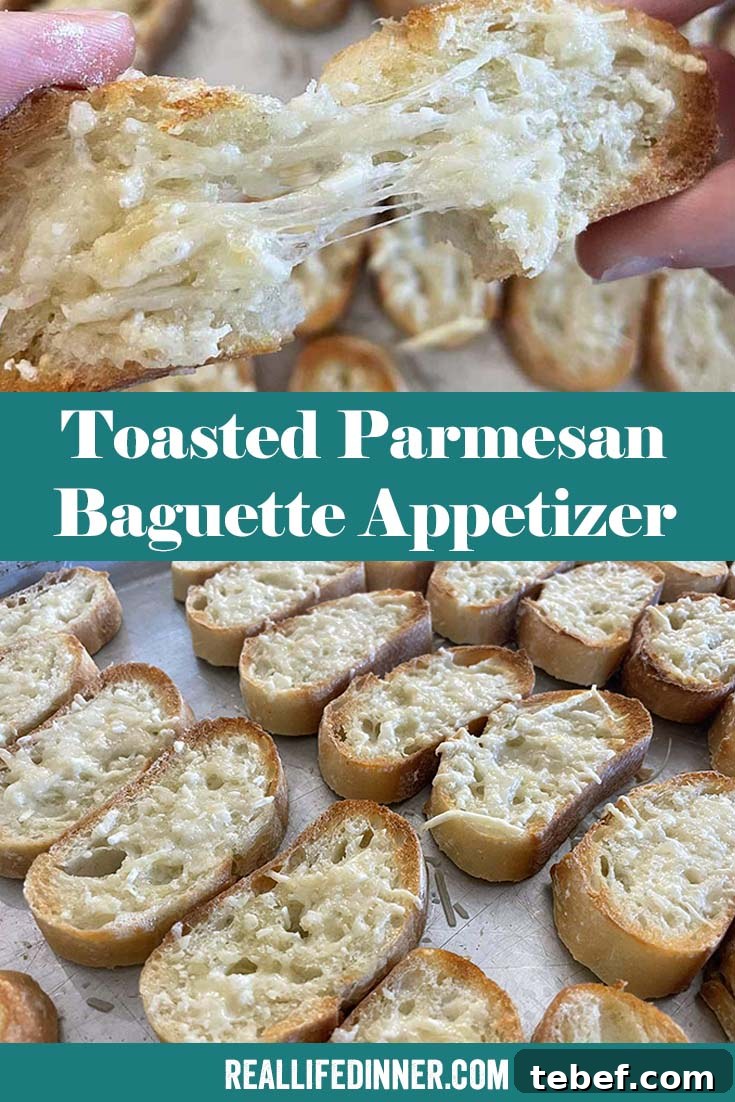Two-photo Pinterest picture of toast parmesan baguette appetizer with the text of the title in the middle, separating the two photos.