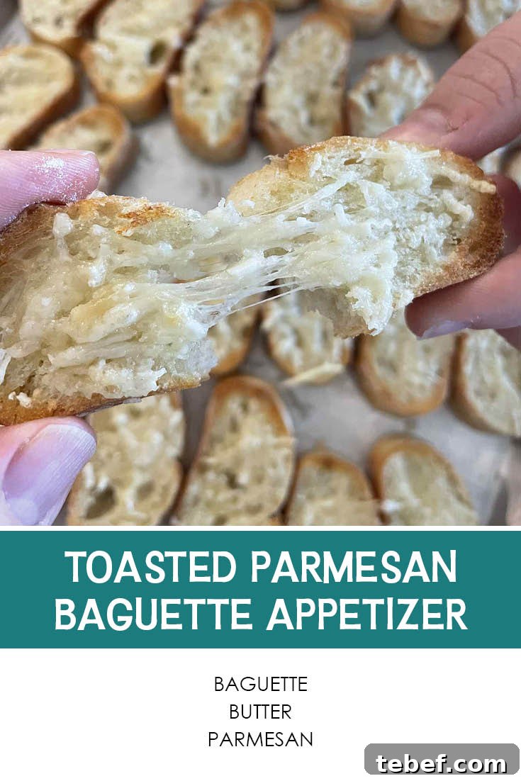 Crispy Parmesan Toasted Baguette Appetizer Recipe 7 Pinterest picture of Toasted Parmesan Baguette Appetizer with the text of the ingredients at the bottom, and the text of the title is right above the ingredients list.