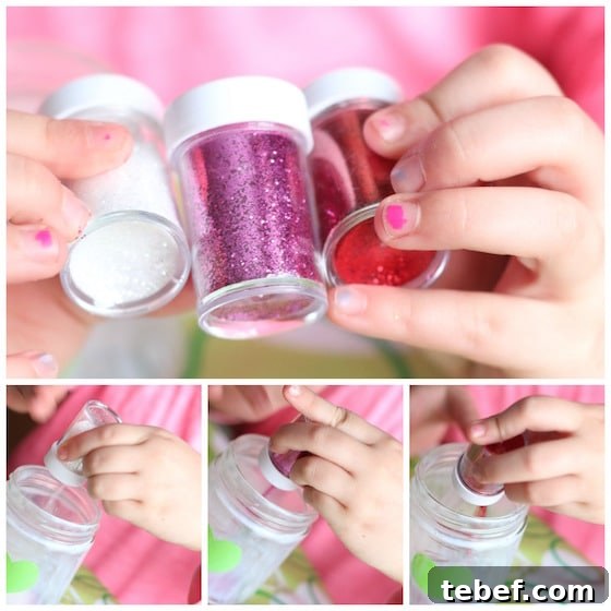 Mess-Free Glitter Tea Light Lanterns for Sparkling Home Decor 7 Glitter - child pouring glitter into glass jar