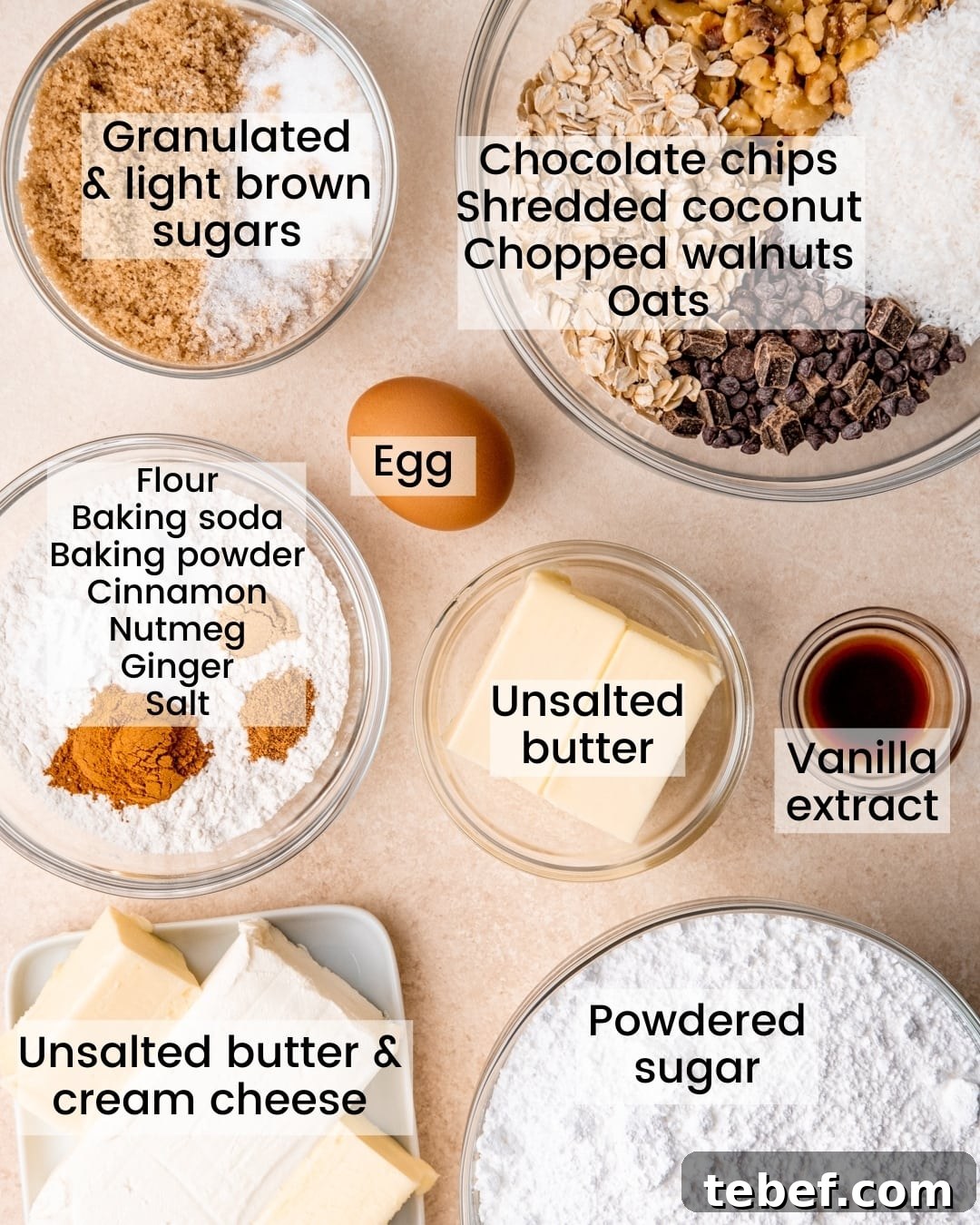 Cowboy cookie cake ingredients laid out and labeled.