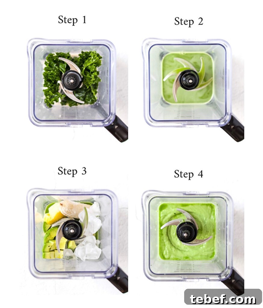 4 different pictures of a blender step 1: kale in the blender, step 2: green blended kale and oat milk, step 3: the blended kale with banana, pineapple, avocado, and ice, step 4: fully blended smoothie