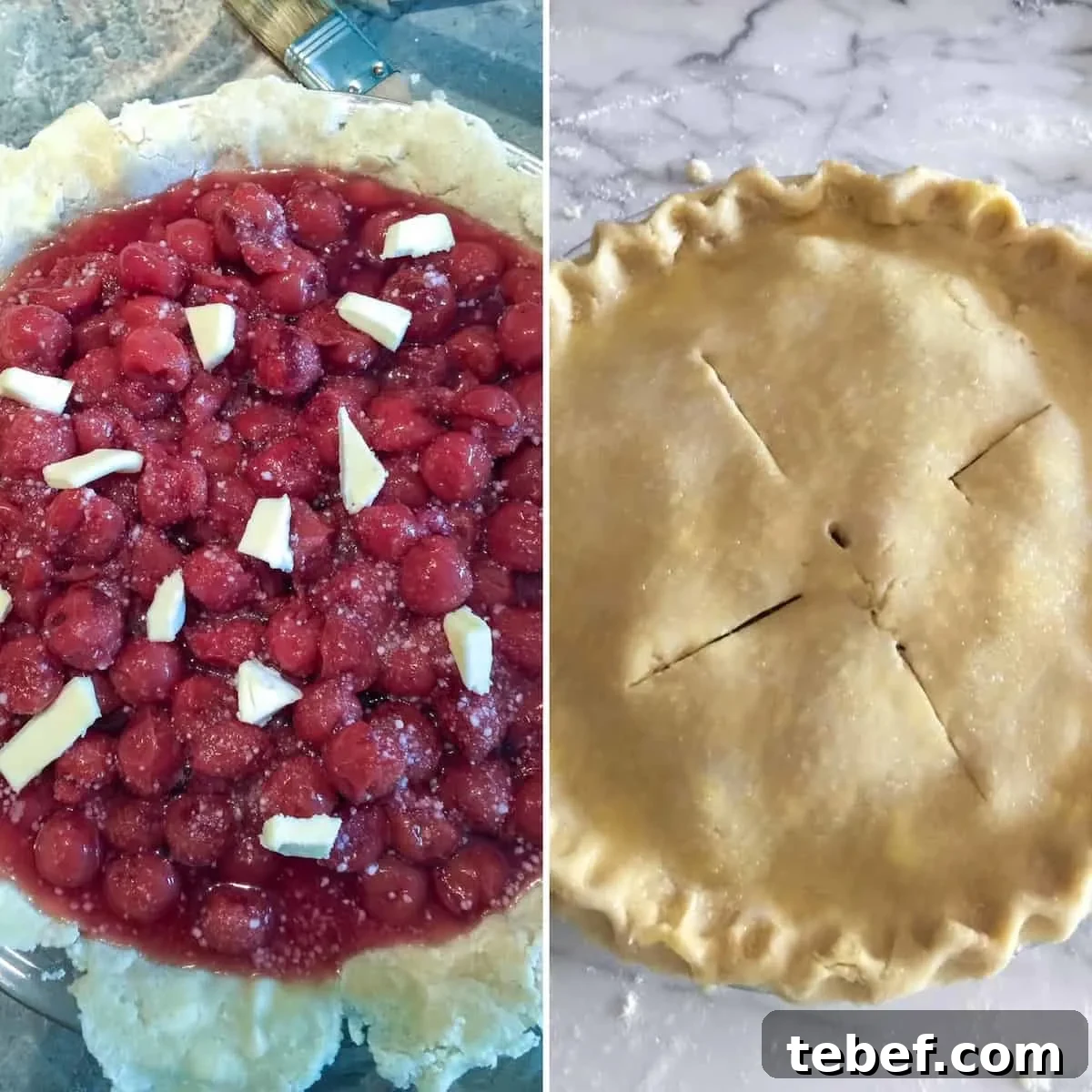 Classic Homemade Cherry Pie Recipe with Flaky Crust 6 Two photo process collage, filling pie crust and dotting with butter.