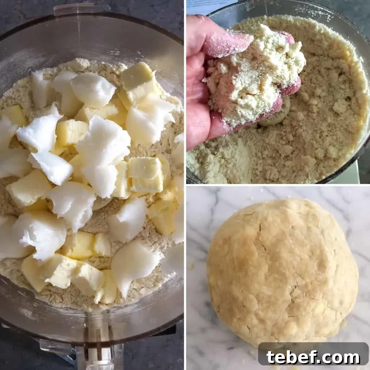 Classic Homemade Cherry Pie Recipe with Flaky Crust 4 Three photo process collage, making the pie dough in a food processor.