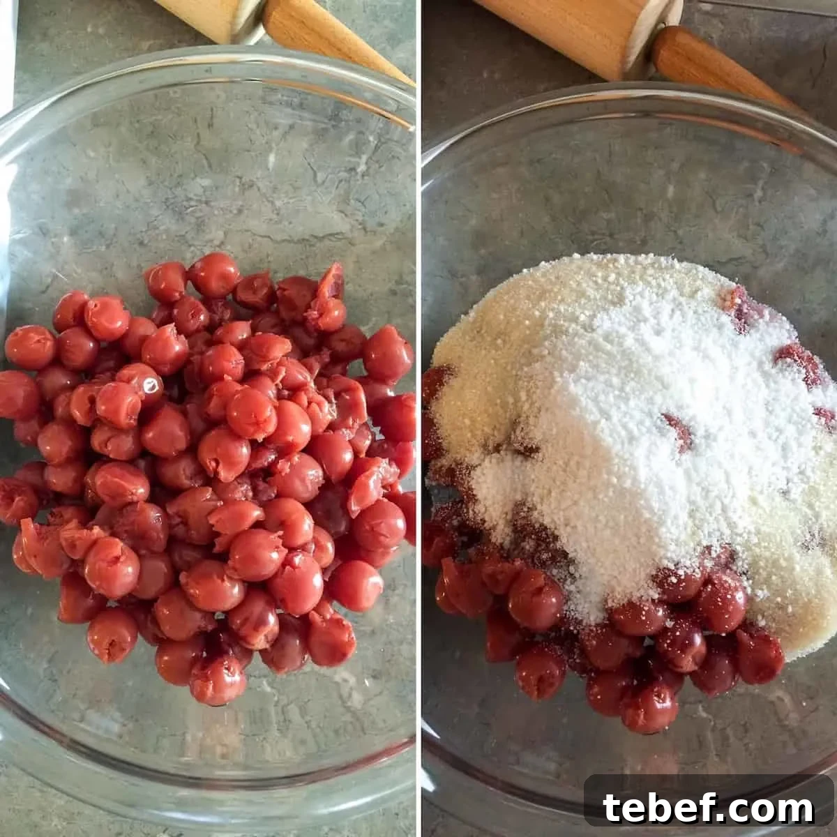 Classic Homemade Cherry Pie Recipe with Flaky Crust 5 Preparing filling with sugar, tapioca and cherries, two photo collage.