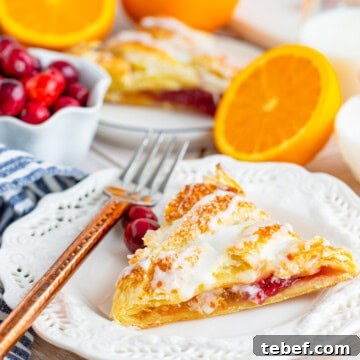 Cranberry Orange Sweet Braid Recipe — Flaky Holiday Pastry 8 Cranberry Orange Braid slice on white plate
