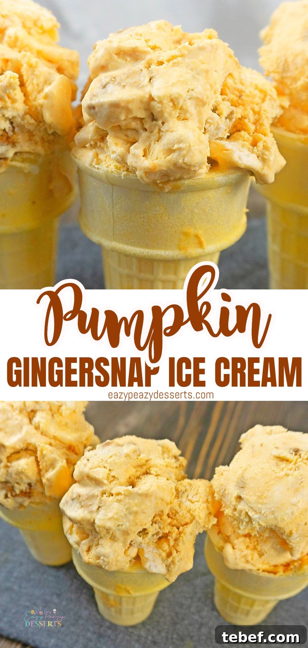 Photo collage of pumpkin ice cream served in cones, displayed on a dark grey kitchen towel