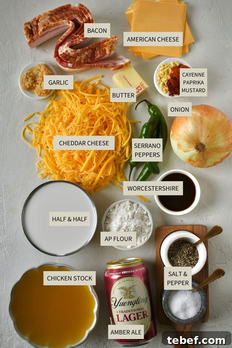 Creamy Beer Cheese Soup Recipe with Bacon and Pretzel Croutons 3 Ingredients needed to make Beer Cheese Soup.