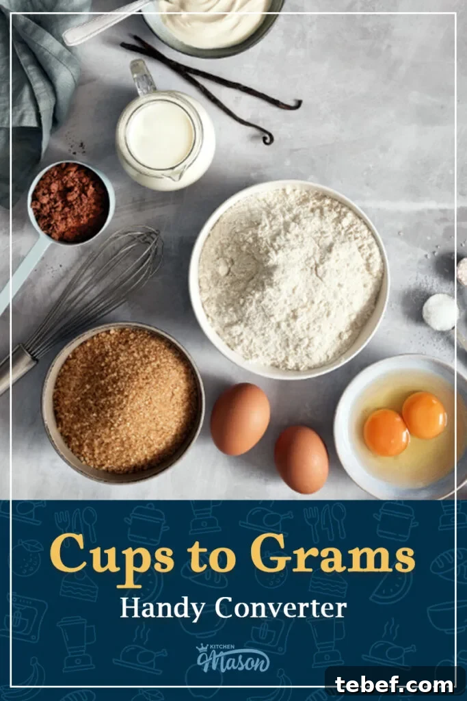 Baking ingredients in bowls on a worktop. A text overlay says 'cups to grams handy converter'.