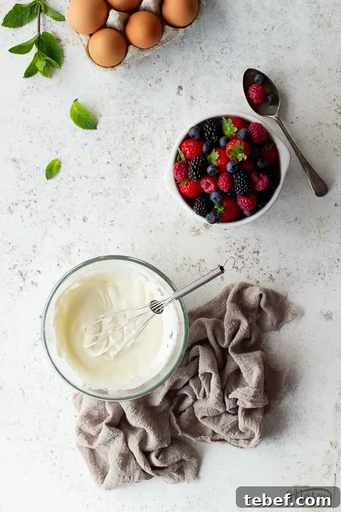 Whipped cream, eggs and fruit.