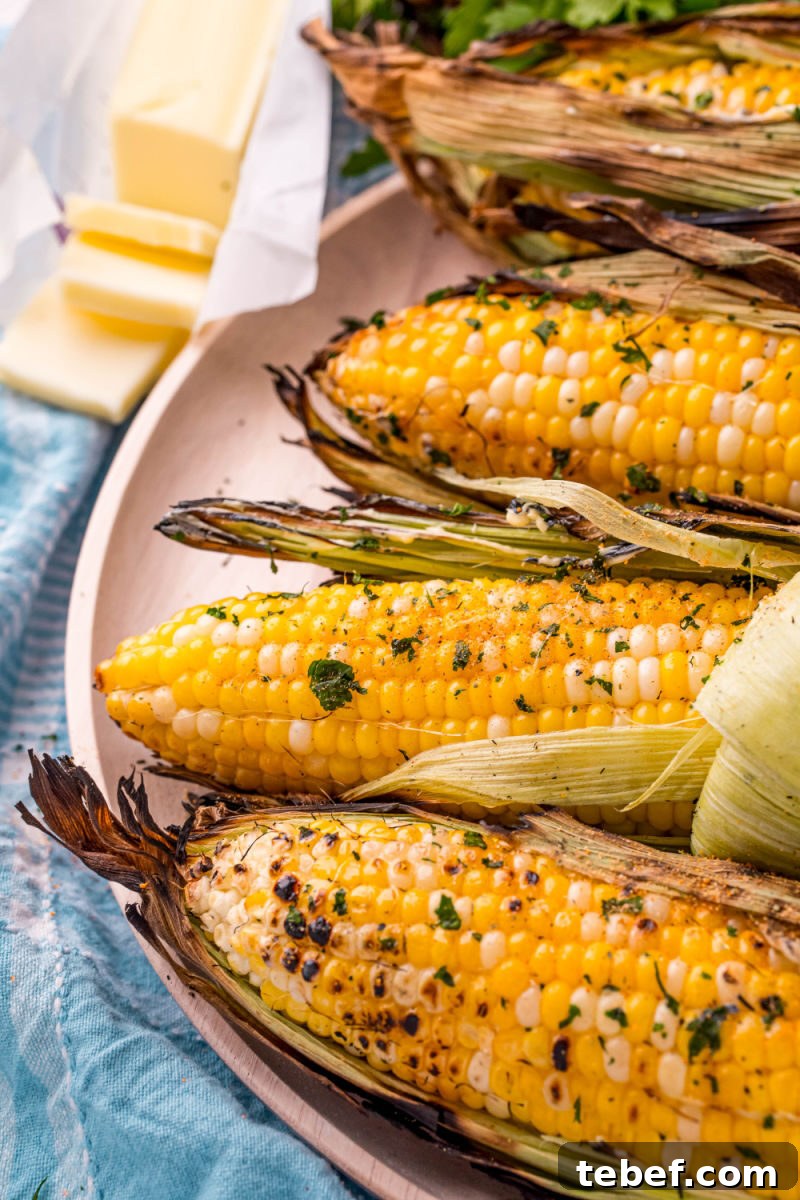 Perfect Grilled Corn on the Cob: Simple Charred Flavor Recipe 8 grilled corn on the cob next to a stick of butter