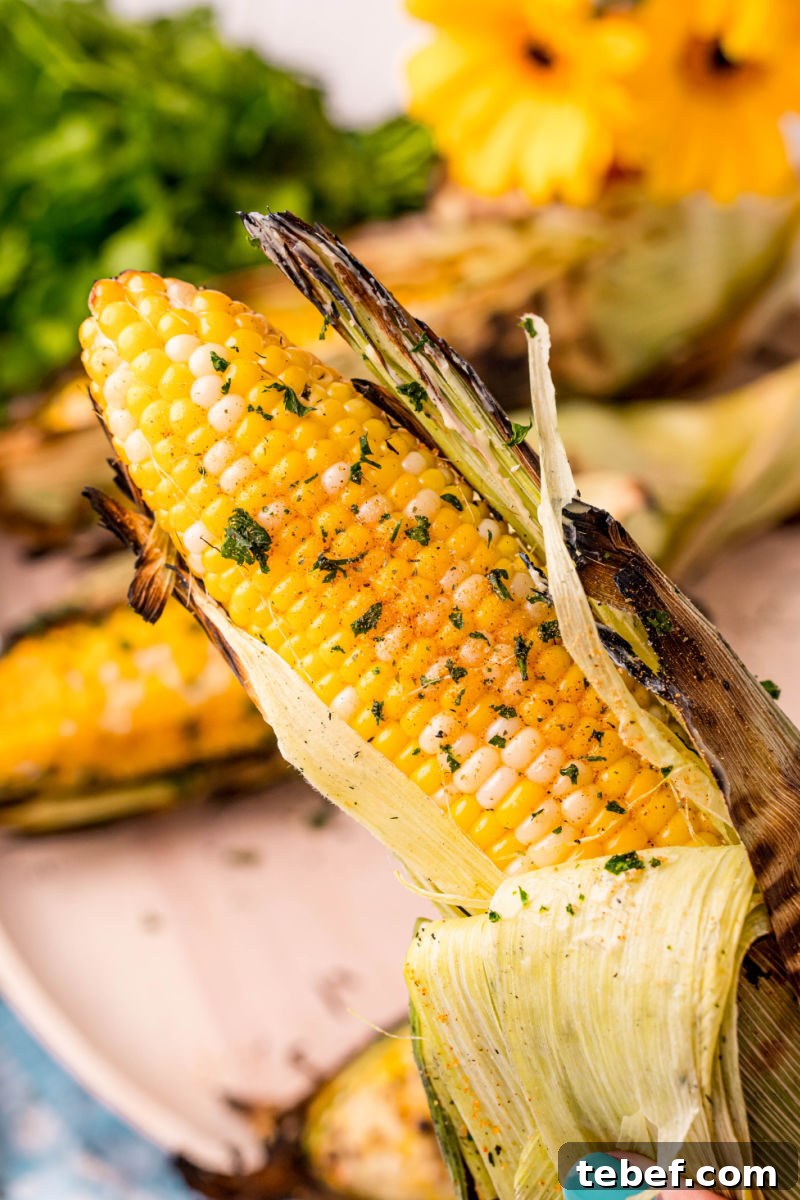 Perfect Grilled Corn on the Cob: Simple Charred Flavor Recipe 9 hand holding a grille corn on the cob with butter, salt and pepper