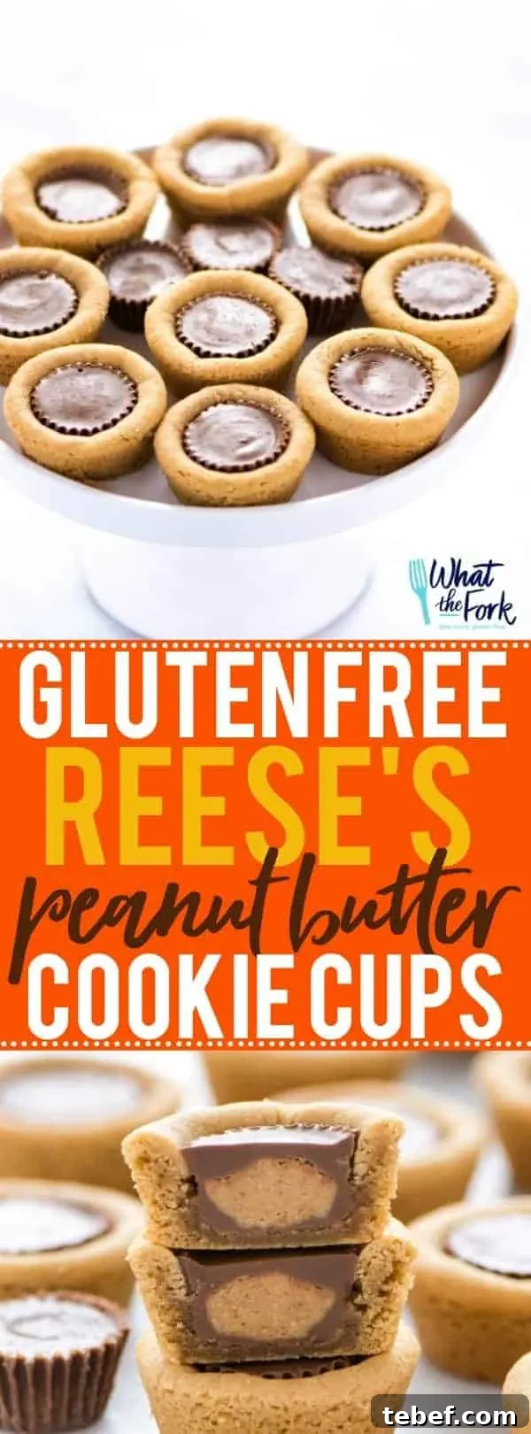 Gluten Free Reese's Peanut Butter Cookie Cups are a chocolate + peanut butter lovers’ dream cookie! They’re peanut butter cookies baked in mini muffin tins then stuffed with peanut butter cups. Simply amazing! SUPER EASY cookie recipe to make too! Recipe from @whattheforkblog | whattheforkfoodblog.com | gluten free cookie recipes | easy dessert recipes | homemade peanut butter cookies | how to make peanut butter cookies | #glutenfree #chocolate #peanutbutter #cookies #dessert #easyrecipes