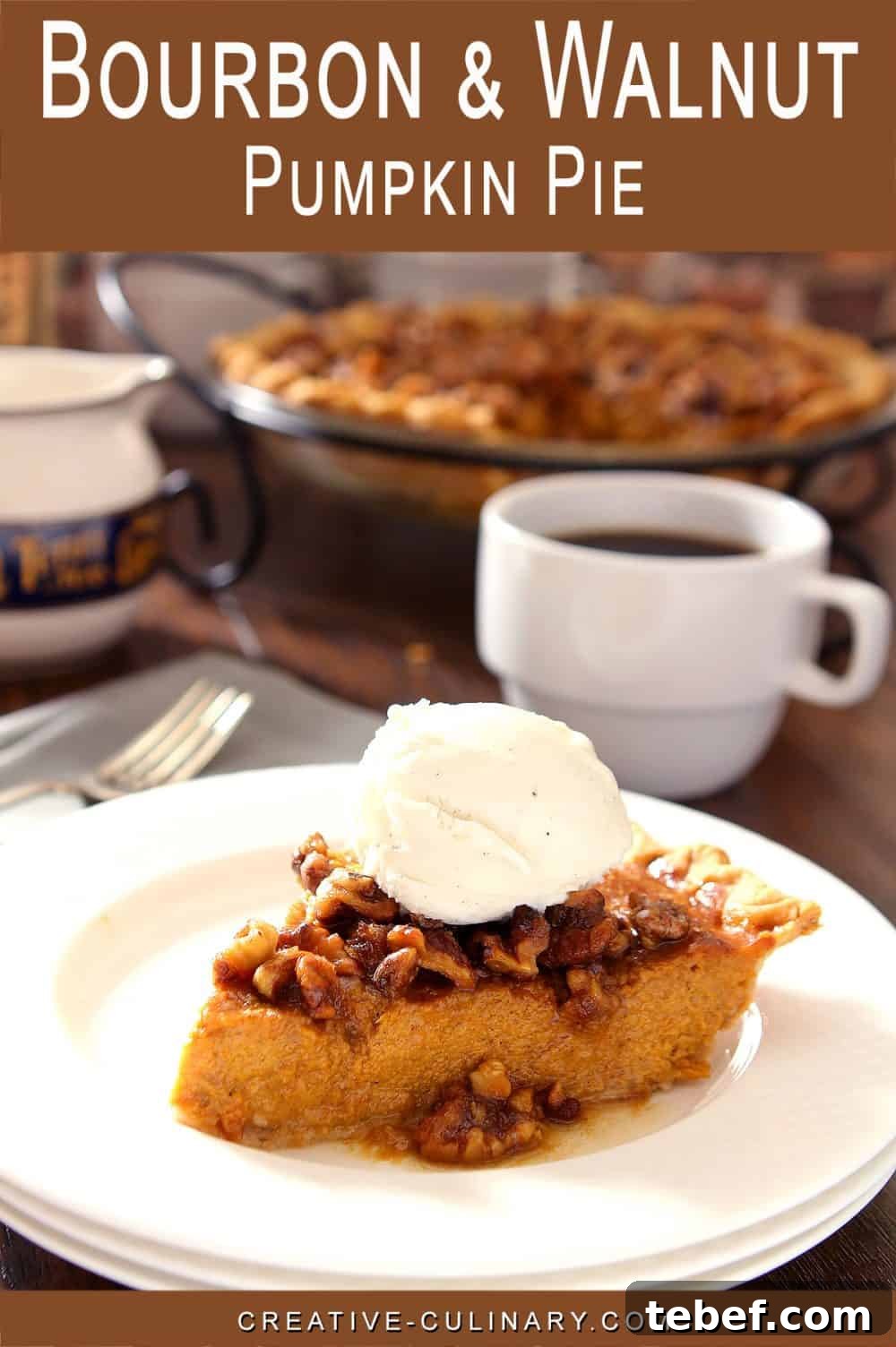 Bourbon Pumpkin Pie with Toasted Walnut Crumble 5 Slice of Bourbon and Pumpkin Pie on a white plate and topped with whipped cream.