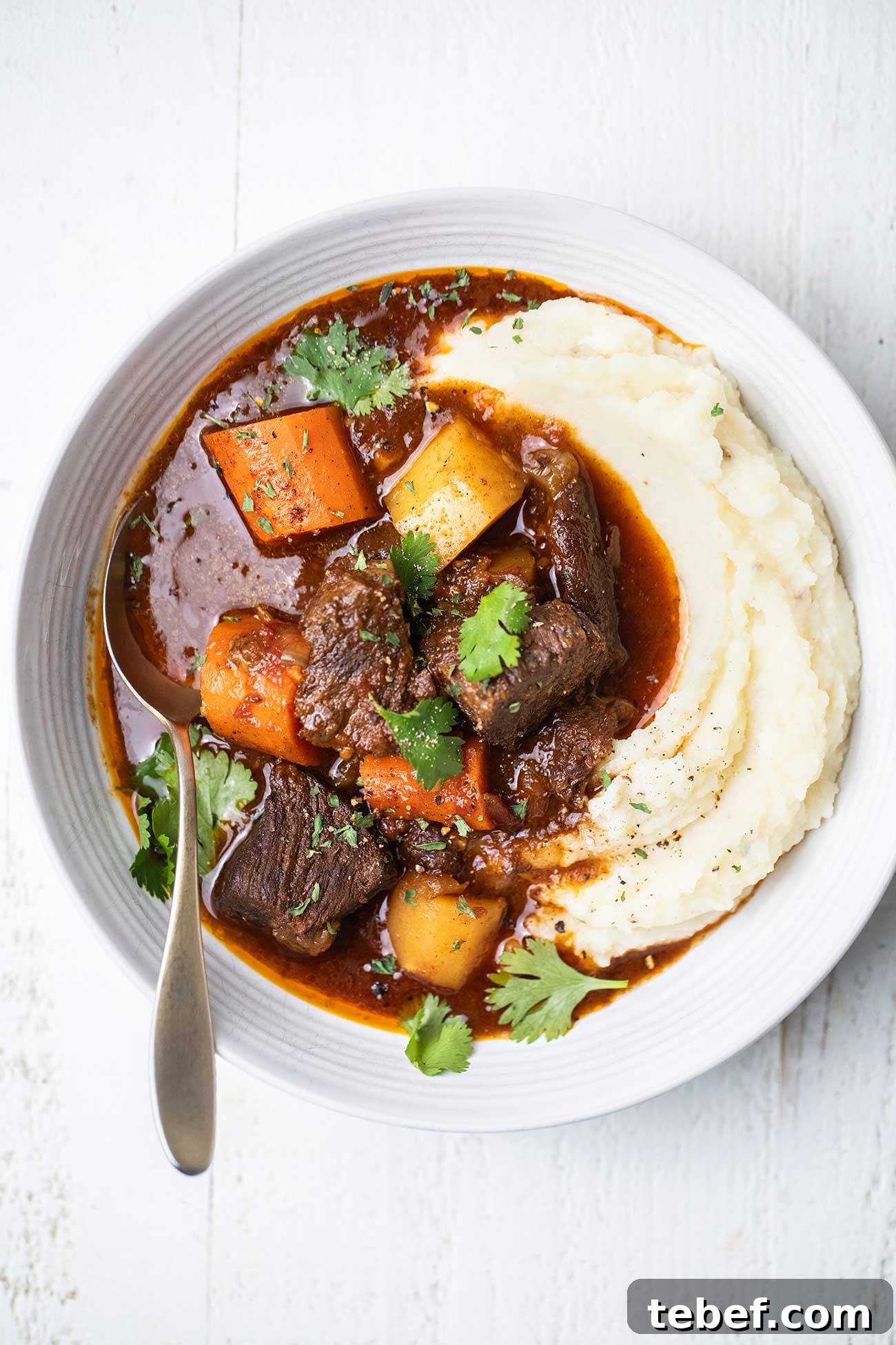 Moroccan Beef Tagine Recipe: Traditional Slow-Cooked Stew 2 A bowl of Moroccan Beef Stew served over a bed of mashed potatoes in a white bowl.