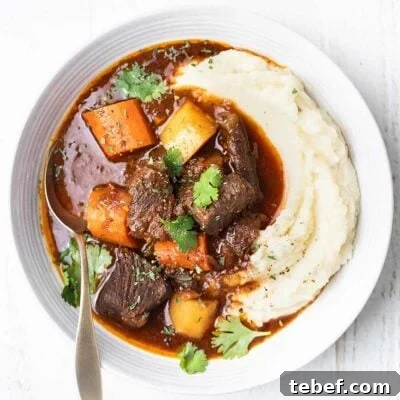 Moroccan Beef Tagine Recipe: Traditional Slow-Cooked Stew 11 A close up look at a stew served over mashed potatoes and garnished with parsley.