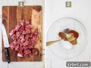 Moroccan Beef Tagine Recipe: Traditional Slow-Cooked Stew 12 Step 1 shows chopping the beef roast into chunks, and step 2 shows creating a spice rub.