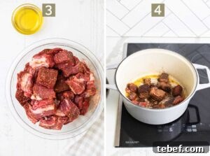 Moroccan Beef Tagine Recipe: Traditional Slow-Cooked Stew 13 Step 3 shows coating the beef in the spices to marinate, and step 4 shows browning the beef in a dutch oven.