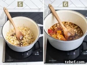 Moroccan Beef Tagine Recipe: Traditional Slow-Cooked Stew 14 Step 5 shows browning the onions and the garli, and step 6 shows adding the spices, tomatoes, and broth to the pan.