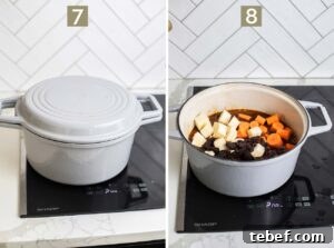 Moroccan Beef Tagine Recipe: Traditional Slow-Cooked Stew 15 Step 7 shows covering the dish to stew, and step 8 shows adding the vegetables and dried fruit.