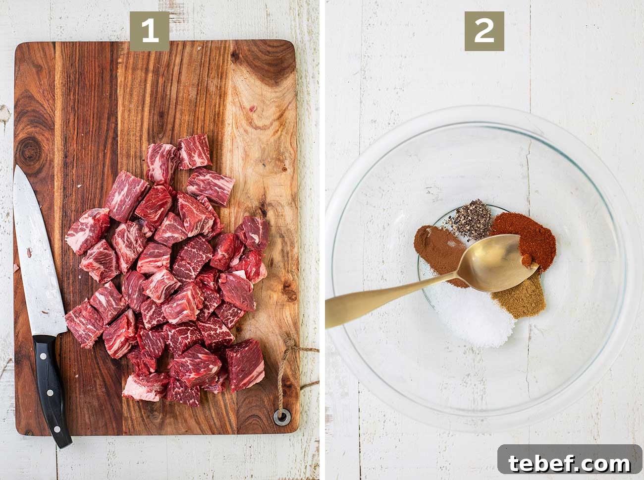 Moroccan Beef Tagine Recipe: Traditional Slow-Cooked Stew 6 Step 1 shows chopping the beef roast into chunks, and step 2 shows creating a spice rub.
