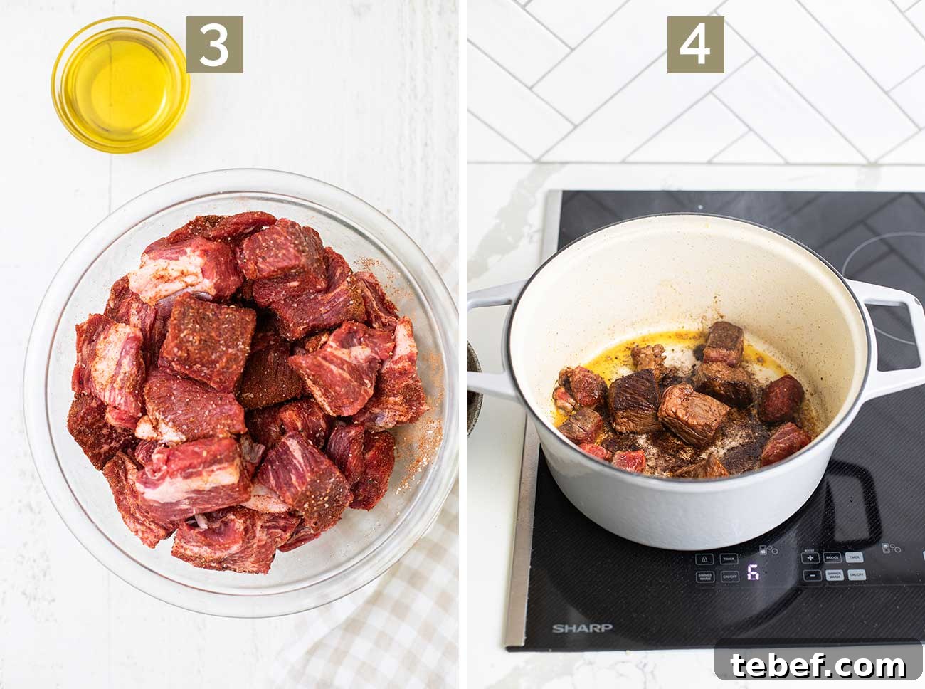 Moroccan Beef Tagine Recipe: Traditional Slow-Cooked Stew 7 Step 3 shows coating the beef in the spices to marinate, and step 4 shows browning the beef in a dutch oven.