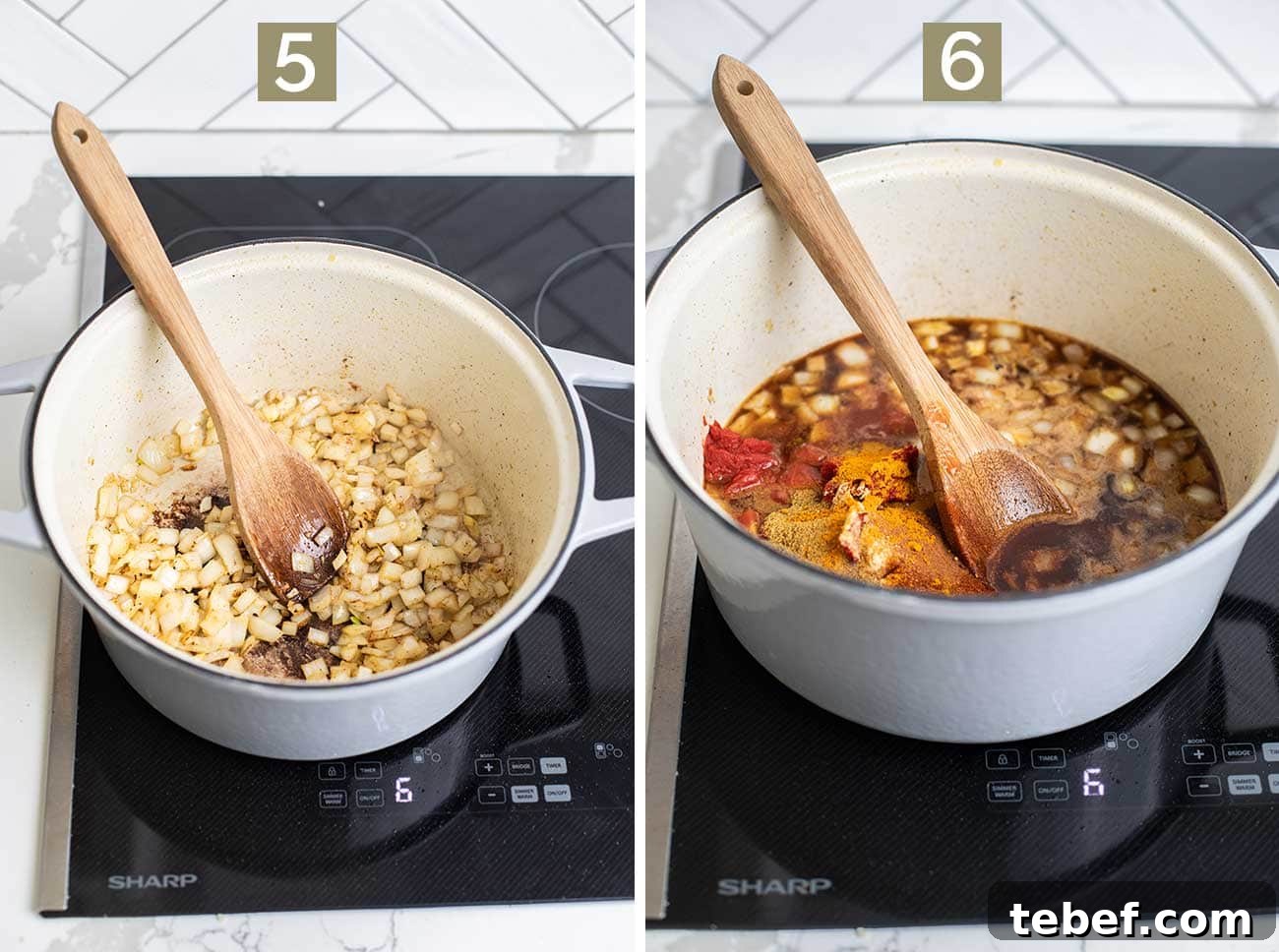 Moroccan Beef Tagine Recipe: Traditional Slow-Cooked Stew 8 Step 5 shows browning the onions and the garli, and step 6 shows adding the spices, tomatoes, and broth to the pan.