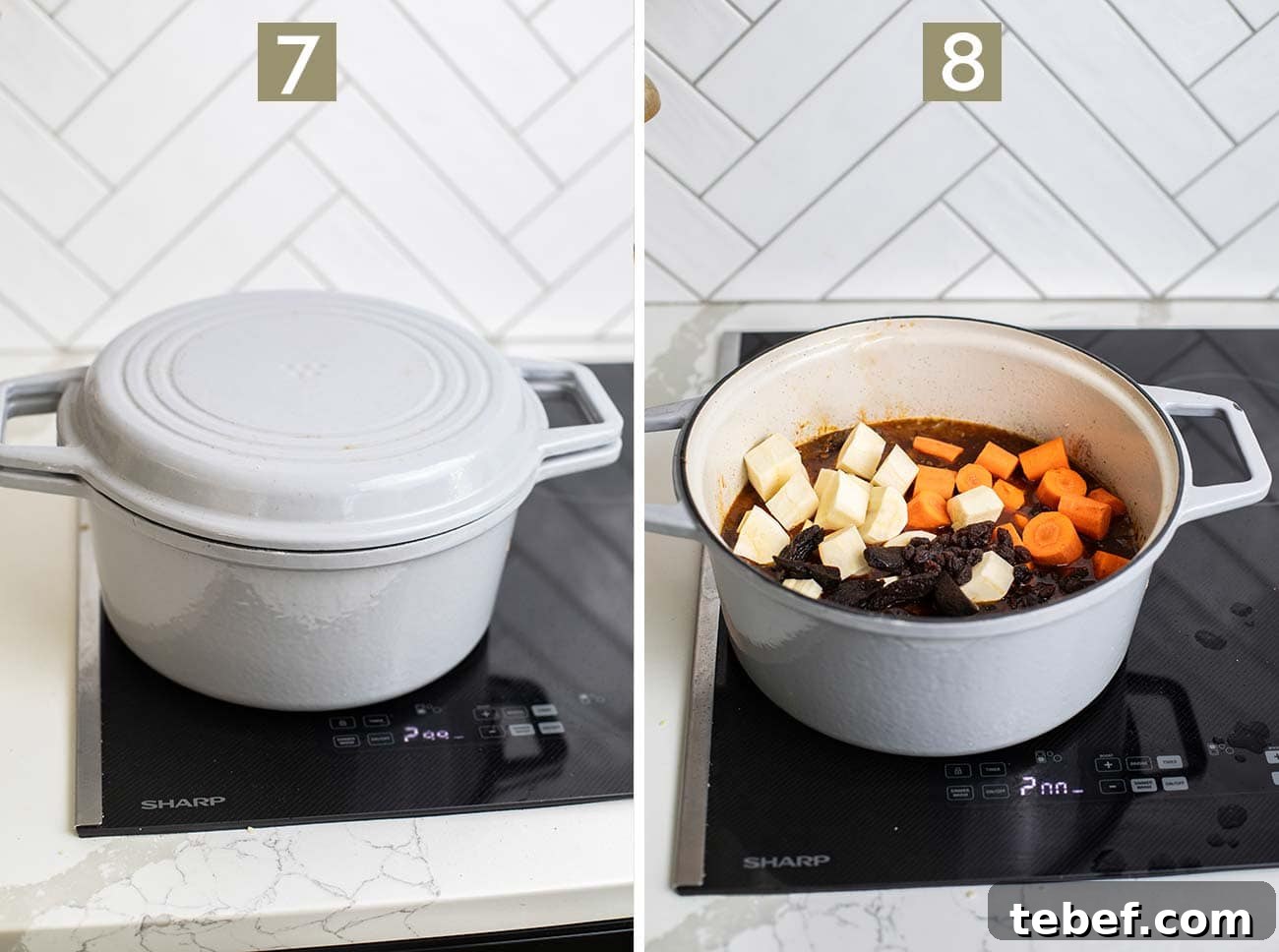 Moroccan Beef Tagine Recipe: Traditional Slow-Cooked Stew 9 Step 7 shows covering the dish to stew, and step 8 shows adding the vegetables and dried fruit.