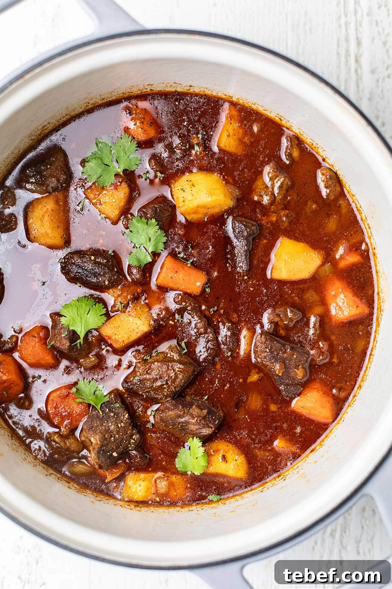 Moroccan Beef Tagine Recipe: Traditional Slow-Cooked Stew 10 A pot of Moroccan beef stew garnished with Italian parsley.