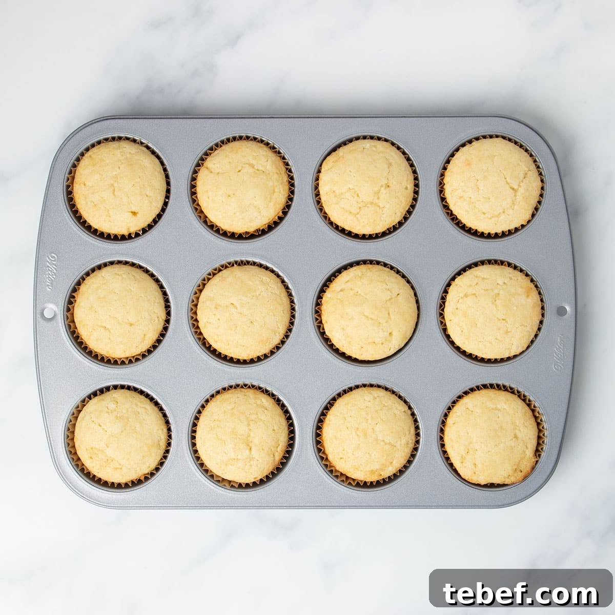 Gluten-Free Vanilla Cupcakes Recipe for Moist, Fluffy Results 14 same cupcake tin with baked vanilla cupcakes in wells