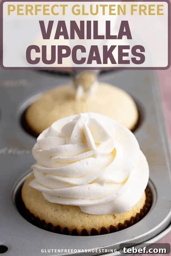 Gluten-Free Vanilla Cupcakes Recipe for Moist, Fluffy Results 18 Words perfect gluten free vanilla cupcakes on top of image of vanilla cupcakes in brown liners in metal muffin tin one with vanilla frosting one being frosted