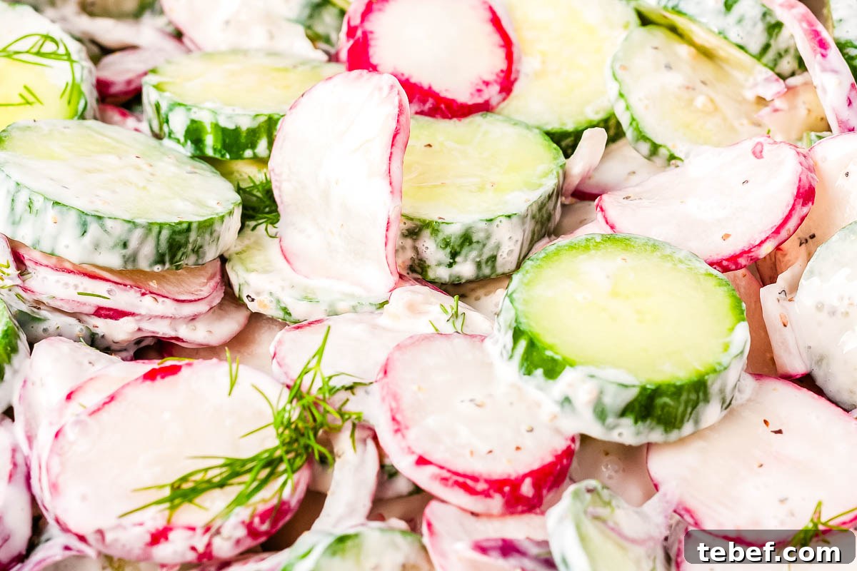 A close up of the finished cucumber radish salad so you can see how creamy it is.