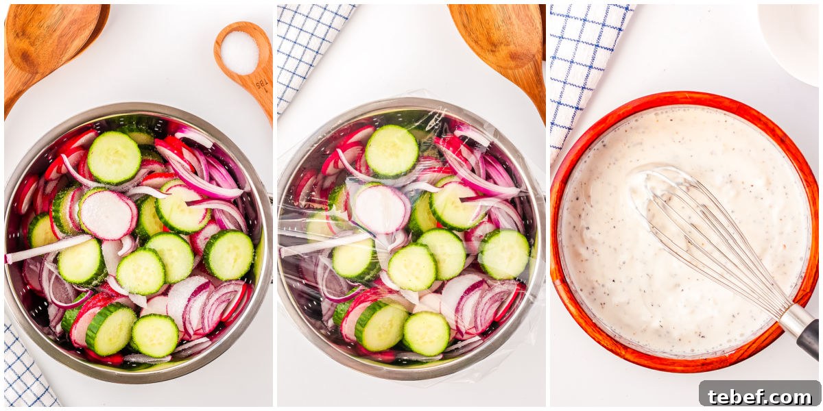 The veggies added to a colander, salted, and allowed to sit for 30 minutes.