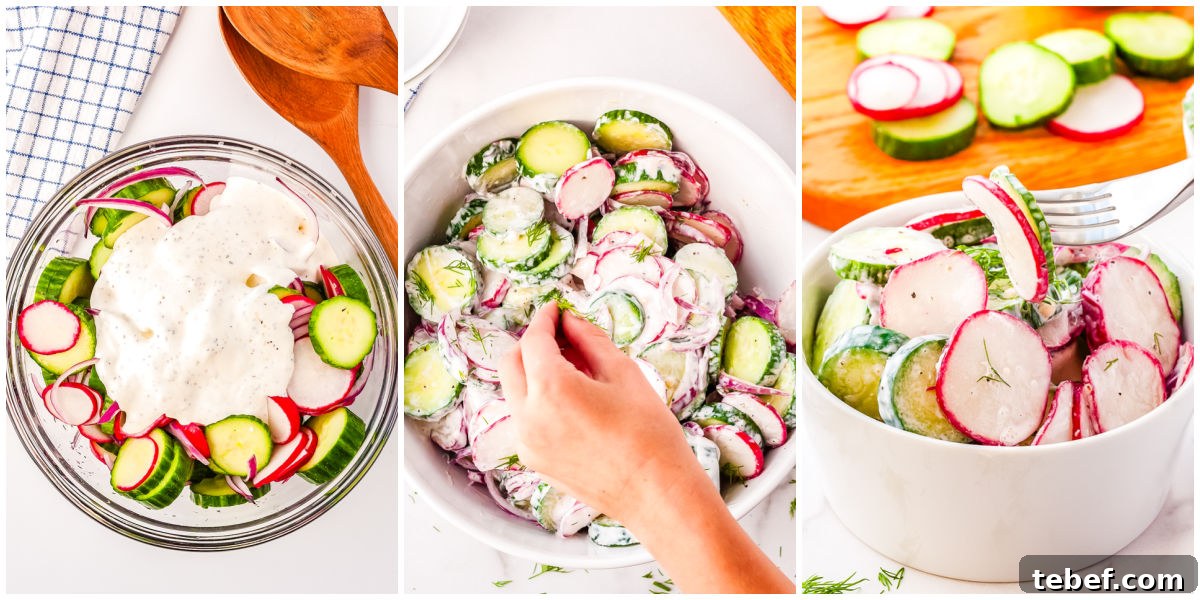 The veggies tossed with the dressing, garnished with dill and served.