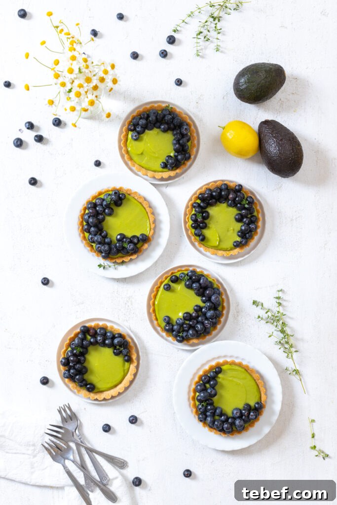 Serving Avocado Blueberry Tarts with Almond Crust