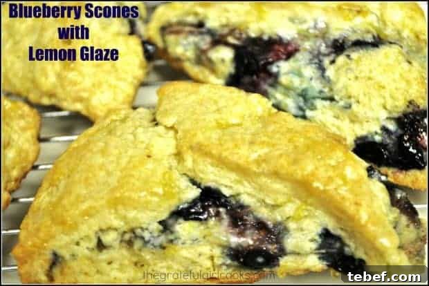 Blueberry scones with lemon glaze Blueberry scones, studded with plump juicy blueberries, and topped with a tangy sweet lemon glaze, are sure to be a hit for breakfast or snack time!